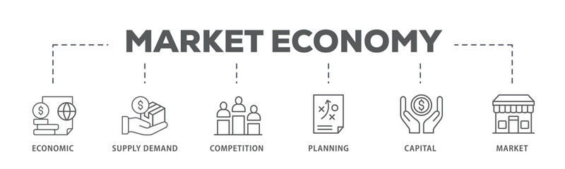 Market economy banner web icon illustration concept with icon of economic, supply demand, competition, planning, capital, market - obrazy, fototapety, plakaty