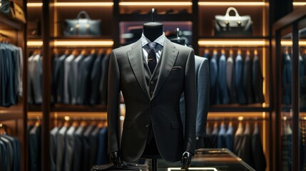 Fototapeta na wymiar Mannequin suit in modern boutique, luxury men's clothing store sign