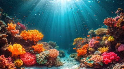 an underwater view of a coral reef with lots of colorful corals and small fish swimming around the corals.