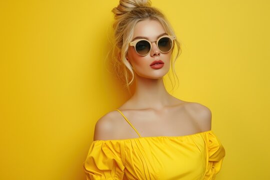 Fashionable Blonde Woman In Yellow Dress And Sunglasses Gray Studio Shot Background