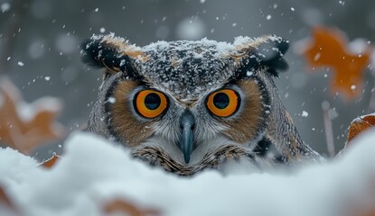 A majestic screech owl with vibrant orange eyes and striking black ears perches gracefully in a wintry wonderland, exuding a sense of wild beauty and untamed freedom