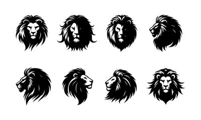 set of lion head silhouettes on isolated background