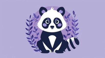 a panda bear sitting in front of a purple background with a purple circle around it and purple leaves around it.