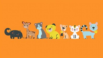 a group of dogs standing in a row on an orange background with a black dog in the middle of the row.