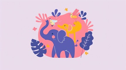a couple of elephants standing next to each other in front of a pink background with leaves and birds on it.