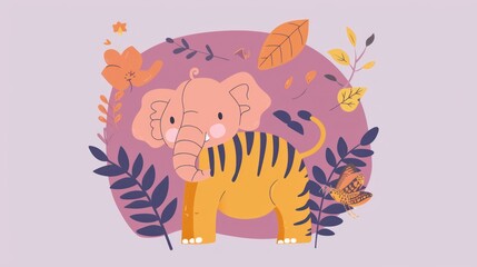 a cartoon of an elephant and a tiger surrounded by leaves and a butterfly on a purple background with a pink circle.