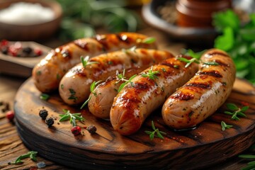 Grilled sausages with delicious herbs and spices on wooden background