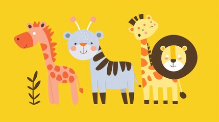 a group of giraffes, zebras, and lions standing next to each other on a yellow background.