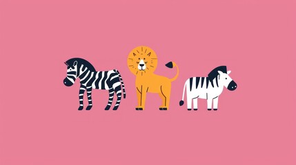 three zebras, a lion, and a giraffe are standing in a row on a pink background.