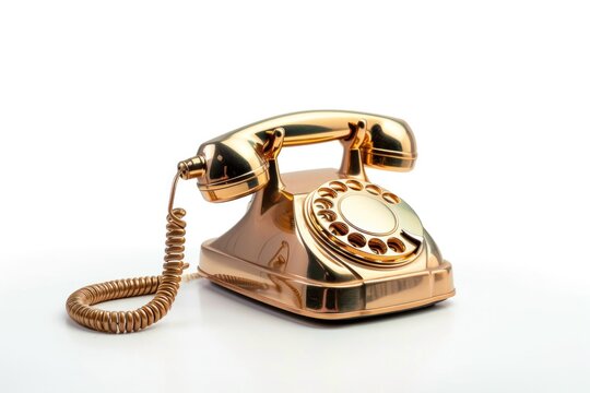 Illustration of old gold telephone isolated on white background, side view.