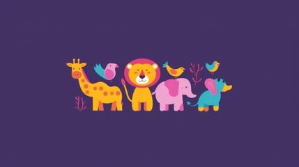 a group of giraffes and a lion on a purple background with birds on the top of them.