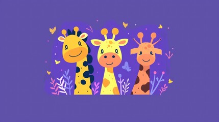 three giraffes standing next to each other in front of a purple background with butterflies and hearts on it.