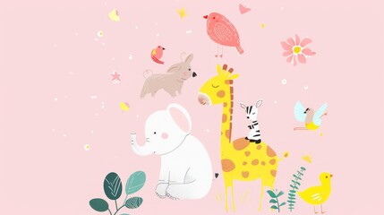 a giraffe, an elephant, a bird, a bird, and a bird on a pink background.
