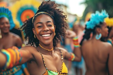 Happy black woman dancing with friends on the street during carnival.