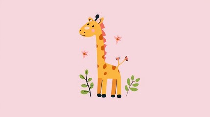 a giraffe standing in the middle of a field of grass with a butterfly on it's neck.