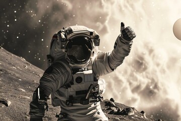 Spaceman in open space with hand shows thumb up