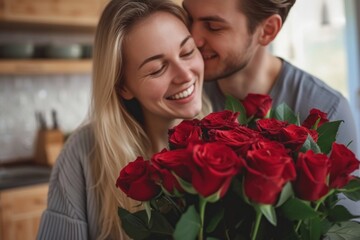 Happy couple, red roses and kisses for surprise or Valentine's Day smile with flowers as a romantic gift, love
