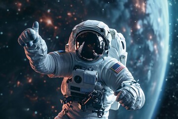 Spaceman in open space with hand shows thumb up