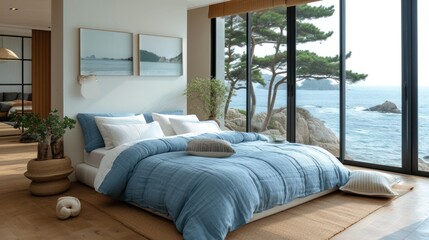 a bed with a blue comforter and pillows in a room with a large window and a view of the ocean.