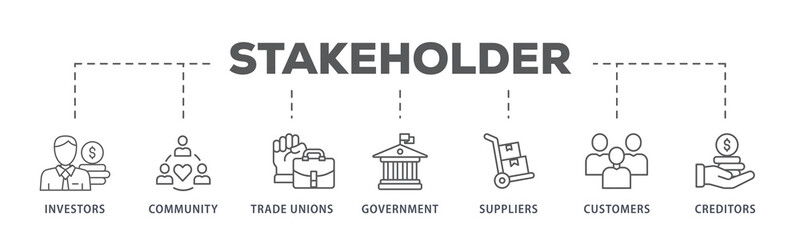 Stakeholder relationship banner web icon illustration concept for stakeholder, investor, government, and creditors with icon of community, trade unions, suppliers, and customers