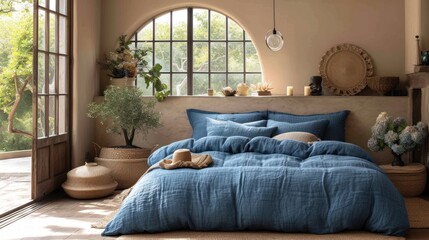a bed with a blue comforter and pillows in front of a window with a potted plant next to it.