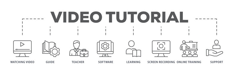 Video tutorial banner web icon illustration concept with icon of watching video, guide, teacher, software, learning, screen  recording, online training, support - obrazy, fototapety, plakaty
