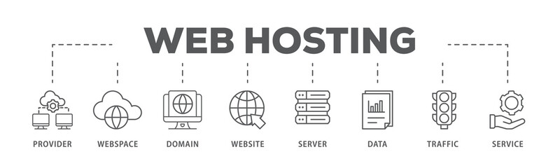 Web hosting banner web icon illustration concept with icon of provider, webspace, domain, website, server, data, traffic and service