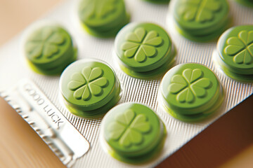 Green four leaf clover shaped pills in blister pack, good luck tablet, good fortune prescription, lucky remedy for success - obrazy, fototapety, plakaty