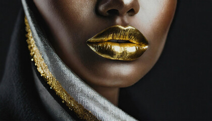 Gold paint on lips of young woman, black background
