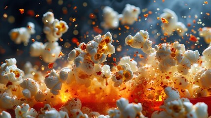 Fototapeta na wymiar a close up of popcorn exploding in the air with a lot of orange and yellow sprinkles coming out of it.