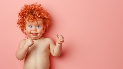 Fototapeta premium Cheerful toddler giving a thumbs up on pastel background, leaving ample space for text placement.
