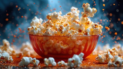 a red bowl filled with popcorn sitting on top of a table next to a pile of orange and white popcorn.