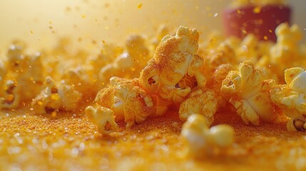 a pile of popcorn sitting on top of a table covered in yellow sprinkles next to a red cup.