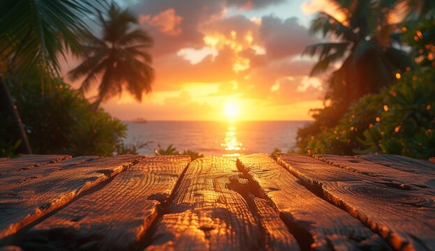 A breathtaking landscape of a vibrant sunset over the ocean, framed by a lone palm tree and surrounded by a vast expanse of water and sky