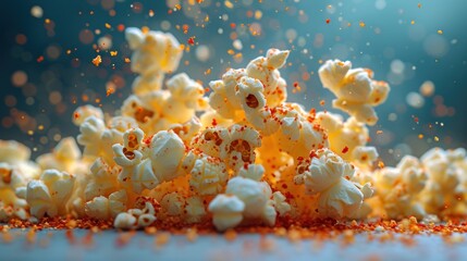 Fototapeta na wymiar a pile of popcorn sprinkled with sprinkles on a blue and black background with a blue sky in the background.