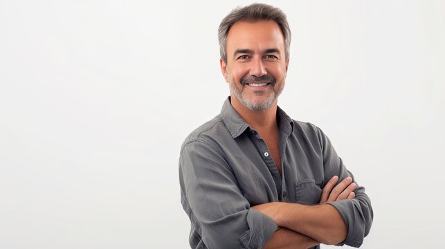 Image of successful and confident middle-aged man, cross arms on chest and smiling satisfied, standing determined over white background. - AI Generated