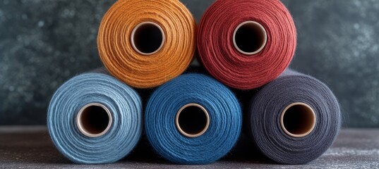 Colorful cotton threads on tailor textile fabric background with sewing supplies and accessories