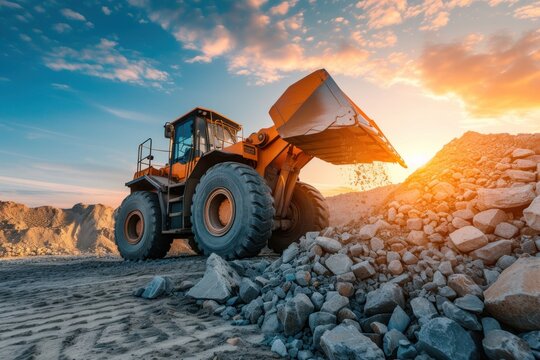 Wheel loader isolated on sky background The loader pours crushed stone or gravel from the tank. Powerful modern equipment for earthworks and bulk handling. at sunset