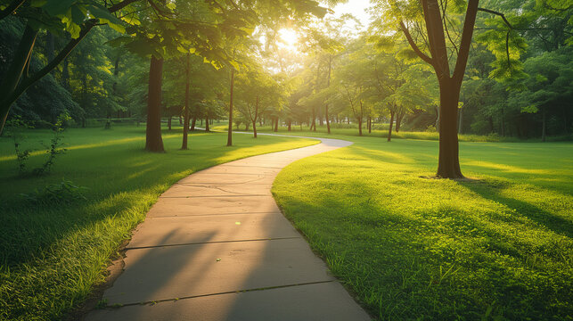 Peaceful outdoor scene of a jogging path in a lush park, promoting the concept of health through exercise and nature, early morning light casting soft shadows and a sense of freshness and vitality