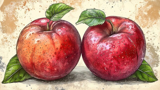 a drawing of two red apples with green leaves on the top and bottom of the apples on the bottom of the picture.