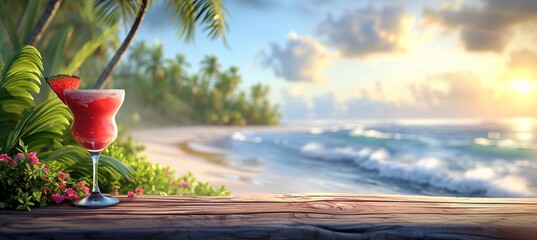 Tropical daiquiri cocktail with blurred beach background and ample copy space for text placement