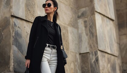 Young stylish woman in a fashionable long black coat. - obrazy, fototapety, plakaty