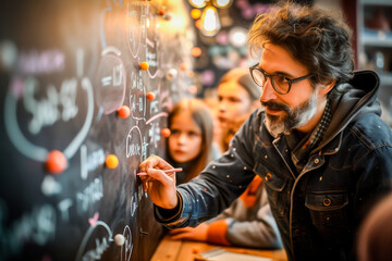 A bearded male teacher explains complex concepts on a blackboard to attentive students in a classroom setting.