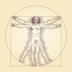 Vitruvian man, with fig leaf. Depiction of perfect human proportions with the nature, cosmos and geometry. A man stands in the center of a circle and a square, reference to the squaring of the circle.
