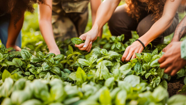 Hands of people working together in a community garden, planting and nurturing fresh basil plants.