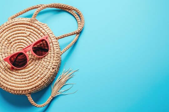 Stylish Vickers style bag and sunglasses on blue background, top view. copy space