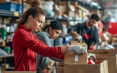 Diverse male and female volunteers collaborate, sorting donations into cardboard boxes at a charity center.