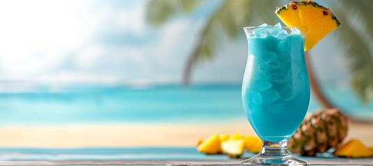 Exotic blue hawaiian cocktail with tropical beach background and copy space for text placement