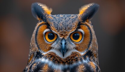 A stunning screech owl perches in the great outdoors, its piercing orange eyes gazing intently at the viewer with a fierce yet captivating stare