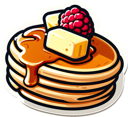 Cartoon sticker of a delicious pancake with raspberry an butter on top